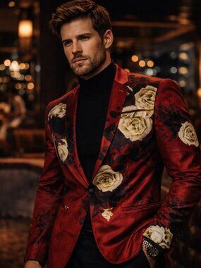 Men’s Red Velvet Floral Blazer Rose Pattern Prom Wedding Jacket Slim Fit 40L